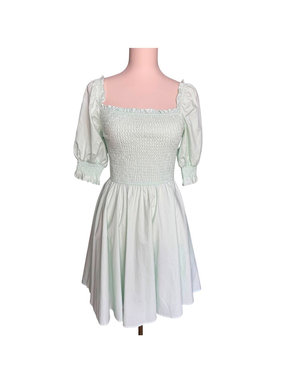 Blue Rain Mint Smocked Puff Sleeve Cotton Mini Dress Cottagecore Size Small